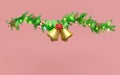 Decorated with branches of pine trees, Jingle bell, candy cane, red bow, holly berry leaves, clear glass lantern garlands, star. Royalty Free Stock Photo