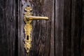 A decorated brass door handle on an old wooden door Royalty Free Stock Photo