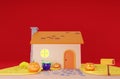 Decorated cartoon house for Halloween, on a red background. The porch of the house is decorated for Halloween. Pumpkin Royalty Free Stock Photo