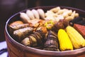 Decorated catering banquet table with different asian sushi rolls and nigiri sushi plate assortment on a party Royalty Free Stock Photo