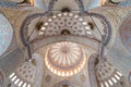 Decorated ceiling of the blue mosque with huge pillars, domes, arches and stained glass windows, Istanbul, Turkey