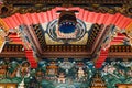 Decorated ceiling that tell about Buddha story in Bhutanese art inside The Royal Bhutanese Monastery in Bodh Gaya, Bihar, India