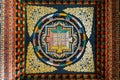 Decorated ceiling that tell about Lord Buddha story in Bhutanese art inside The Royal Bhutanese Monastery in Bodh Gaya.