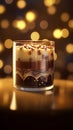 Decorated black and white chocolate mousse in a decorative glass on a cozy blur background Royalty Free Stock Photo