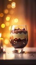 Decorated black and white chocolate mousse with a cozy blurred background Royalty Free Stock Photo