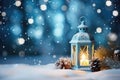 Decorated Christmas, burning candles, lantern on snow and fir tree branch on magic bokeh lights background, lights and blue colors Royalty Free Stock Photo