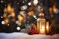 Decorated Christmas, Burning candles, lantern on snow and fir tree branch on magic bokeh lights background, gold and dark red Royalty Free Stock Photo