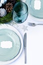 Decorated christmas dinner table setting blue theme Royalty Free Stock Photo