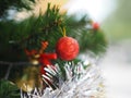 Decorated Christmas green tree decorations have Gift box gold red ball hanging pine, leaves on blurred of background Royalty Free Stock Photo