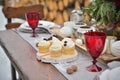 Decorated Christmas holiday table ready for dinner. Beautifully set with candles, spruce twigs, plates and serviettes Royalty Free Stock Photo