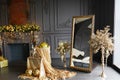 Decorated Christmas, New year room with beautiful gold decorations and mirror