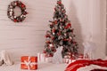 Decorated Christmas room with beautiful fir tree Royalty Free Stock Photo