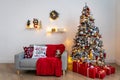 Decorated Christmas room with beautiful fir tree Royalty Free Stock Photo