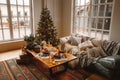 Decorated Christmas room with beautiful fir tree Royalty Free Stock Photo