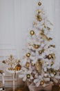 Decorated Christmas room with beautiful fir tree, new year background Royalty Free Stock Photo