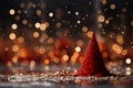 Decorated Christmas small tree on wooden , blurred background