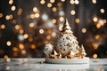 Decorated Christmas small tree on wooden , blurred background