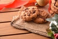 Decorated Christmas table with cookies on wood table close up Royalty Free Stock Photo