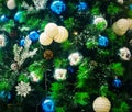 Decorated Christmas tree background, Beautiful Christmas fur-tree decorated with New Year`s toys, Christmas balls decorations on Royalty Free Stock Photo