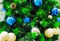 Decorated Christmas tree background, Beautiful Christmas fur-tree decorated with New Year`s toys, Christmas balls decorations on Royalty Free Stock Photo