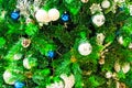 Decorated Christmas tree background, Beautiful Christmas fur-tree decorated with New Year`s toys, Christmas balls decorations on Royalty Free Stock Photo