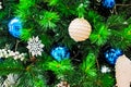 Decorated Christmas tree background, Beautiful Christmas fur-tree decorated with New Year`s toys, Christmas balls decorations on Royalty Free Stock Photo