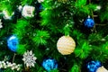 Decorated Christmas tree background, Beautiful Christmas fur-tree decorated with New Year`s toys, Christmas balls decorations on Royalty Free Stock Photo