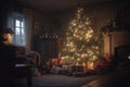 Decorated Christmas tree with with balls and garlands in a cozy home interior, new year tradition, merry xmas, AI Generated