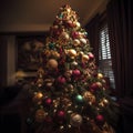 Decorated Christmas tree with with balls and garlands in a cozy home interior, new year tradition, merry xmas, AI Generated