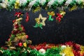 Decorated Christmas Tree On Blackborad And Snow Fack. Royalty Free Stock Photo
