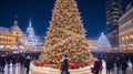 Decorated Christmas tree on blurred background.