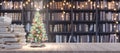 Decorated Christmas tree on Bookshelf in the library with old books, Holidays in Bookstore concept 3d render Royalty Free Stock Photo