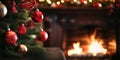 decorated christmas tree on burning fireplace background. banner with copy space Royalty Free Stock Photo