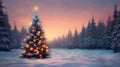 Decorated Christmas tree with colorful lights in a winter countryside. Royalty Free Stock Photo