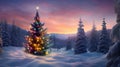 Decorated Christmas tree with colorful lights in a winter countryside. Royalty Free Stock Photo