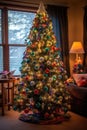 decorated christmas tree with colorful lights and ornaments Royalty Free Stock Photo