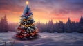 Decorated Christmas tree with colorful lights in a winter countryside in the evening. Royalty Free Stock Photo