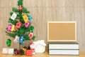 decorated christmas tree cork board & book. xmas new year holiday festival.