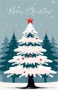 Decorated Christmas tree covered in snow, flat colors typography greeting card