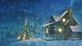 Decorated Christmas tree and cozy house at night Royalty Free Stock Photo