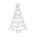 Decorated Christmas tree in Doodle style. The sketch is hand-drawn and isolated on a white background. Element of new year and