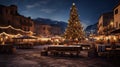 Decorated Christmas tree at the fair on the Central Square of the city Royalty Free Stock Photo