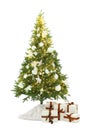 Decorated Christmas tree with faux fur skirt and gifts on white background Royalty Free Stock Photo