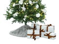 Decorated Christmas tree with faux fur skirt and gifts on white background Royalty Free Stock Photo