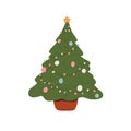 Decorated Christmas tree with festive ornament, decoration. Traditional live Xmas fir with star, balls, baubles and