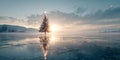 Decorated christmas tree on frozen lake at sunrise with reflection Royalty Free Stock Photo