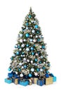 Decorated christmas tree full of blue and silver balls, decorations and many gift wrapped packages isolated on white background Royalty Free Stock Photo