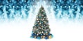 Decorated christmas tree full of blue and silver balls, decorations and many gift wrapped  packages isolated on white and blurred Royalty Free Stock Photo