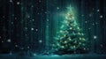 Decorated Christmas tree with garland lights in winter night forest fantasy landscape background. Happy New Year, Marry Royalty Free Stock Photo