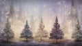 Decorated Christmas tree with garland lights in winter night forest fantasy landscape background. Happy New Year, Marry Royalty Free Stock Photo